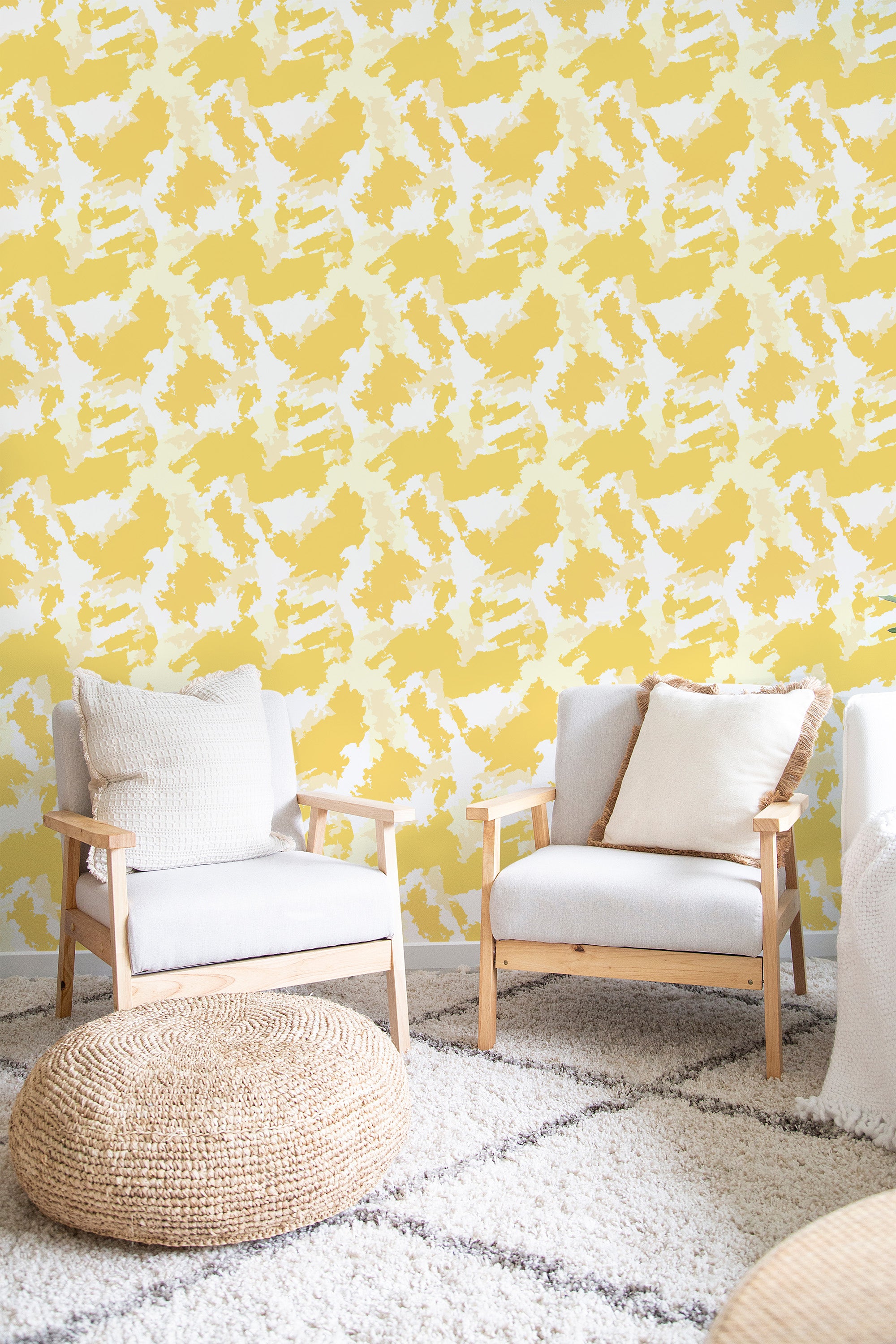 Abstract yellow watercolor pattern with white and pastel shades on the wall, traditional wallpaper.