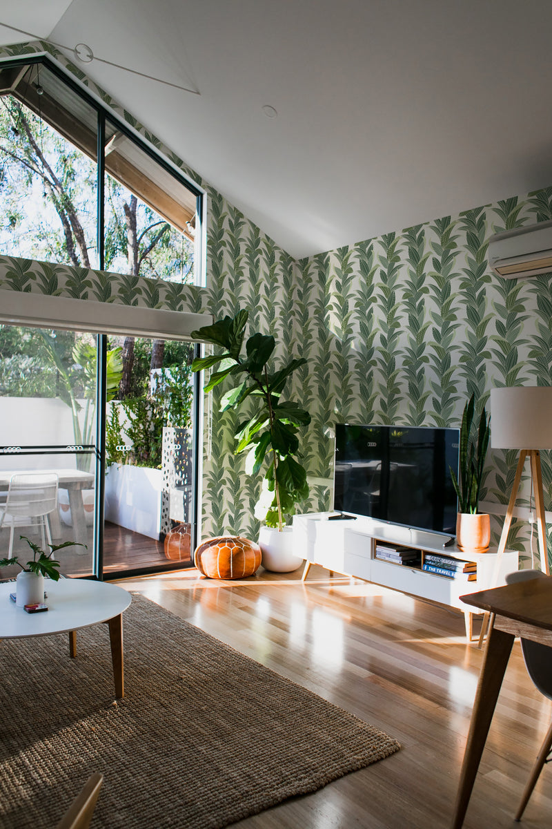 minimalist house terrace green plants living room tropical leaf stick and peel wallpaper