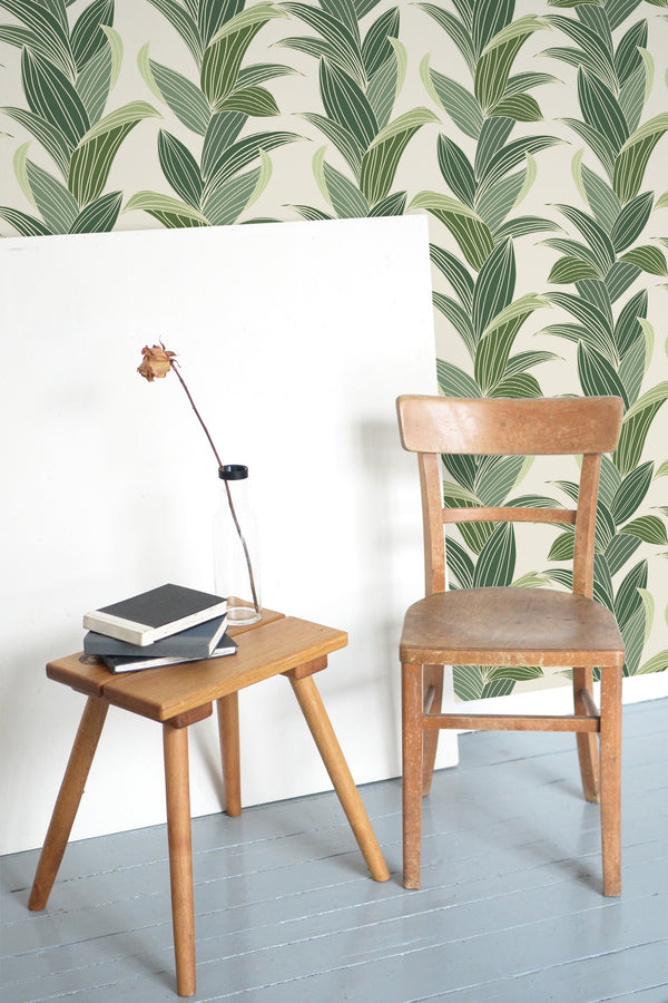 wooden table chair decorative plant blank canvas tropical leaf self adhesive wallpaper