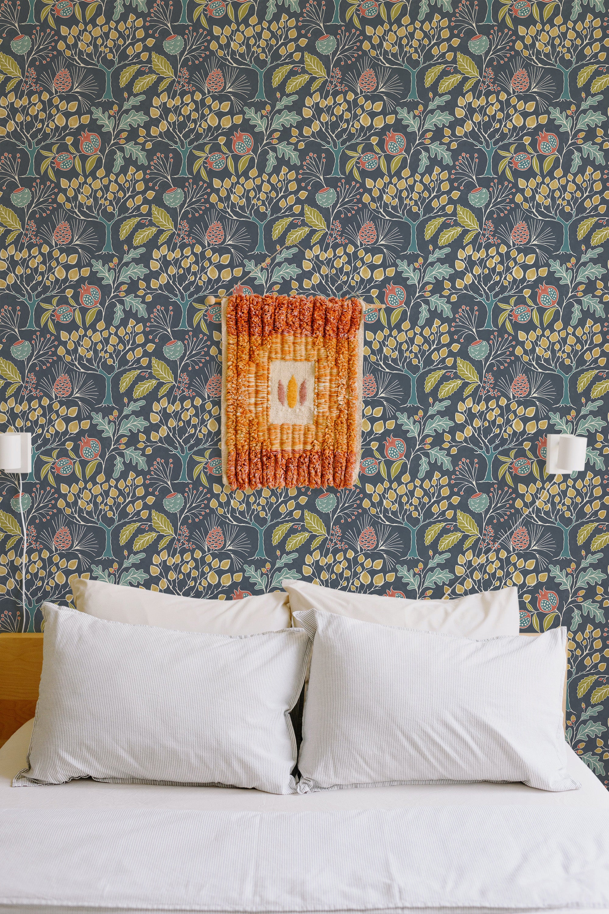 Self-adhesive wallpaper with a vibrant Groovy Garden design, displaying a mix of colorful flowers, leaves, and berries on a dark background, creating a lively and retro-inspired atmosphere in the room.