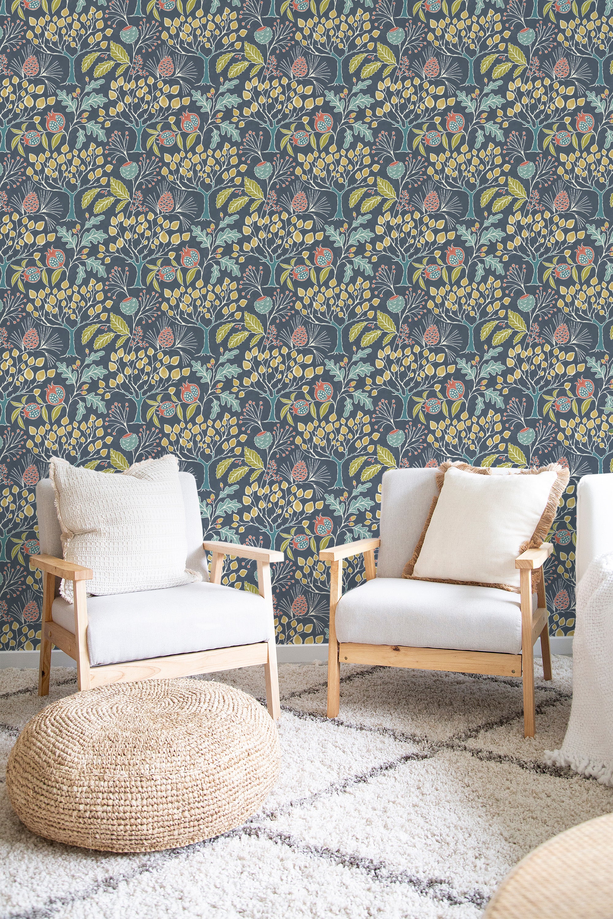 A vibrant wallpaper design with a dark background and intricate floral patterns in shades of yellow, green, and pink. The design includes detailed flowers, leaves, and berries, creating a lively, garden-like atmosphere. Traditional wallpaper.