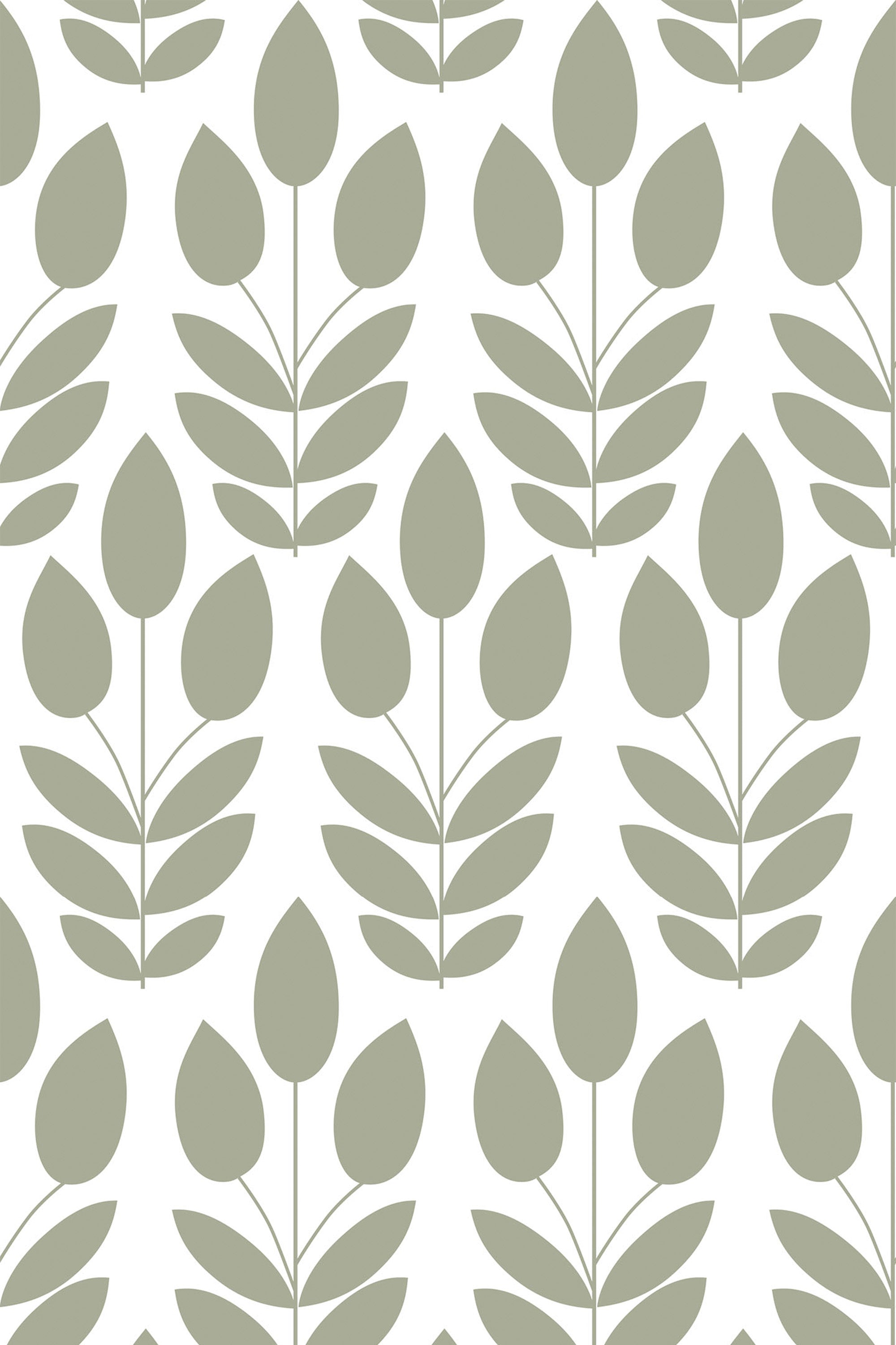 A modern Scandinavian design with stylized leaf and plant patterns in olive green set against a white background. Peel and stick removable wallpaper.