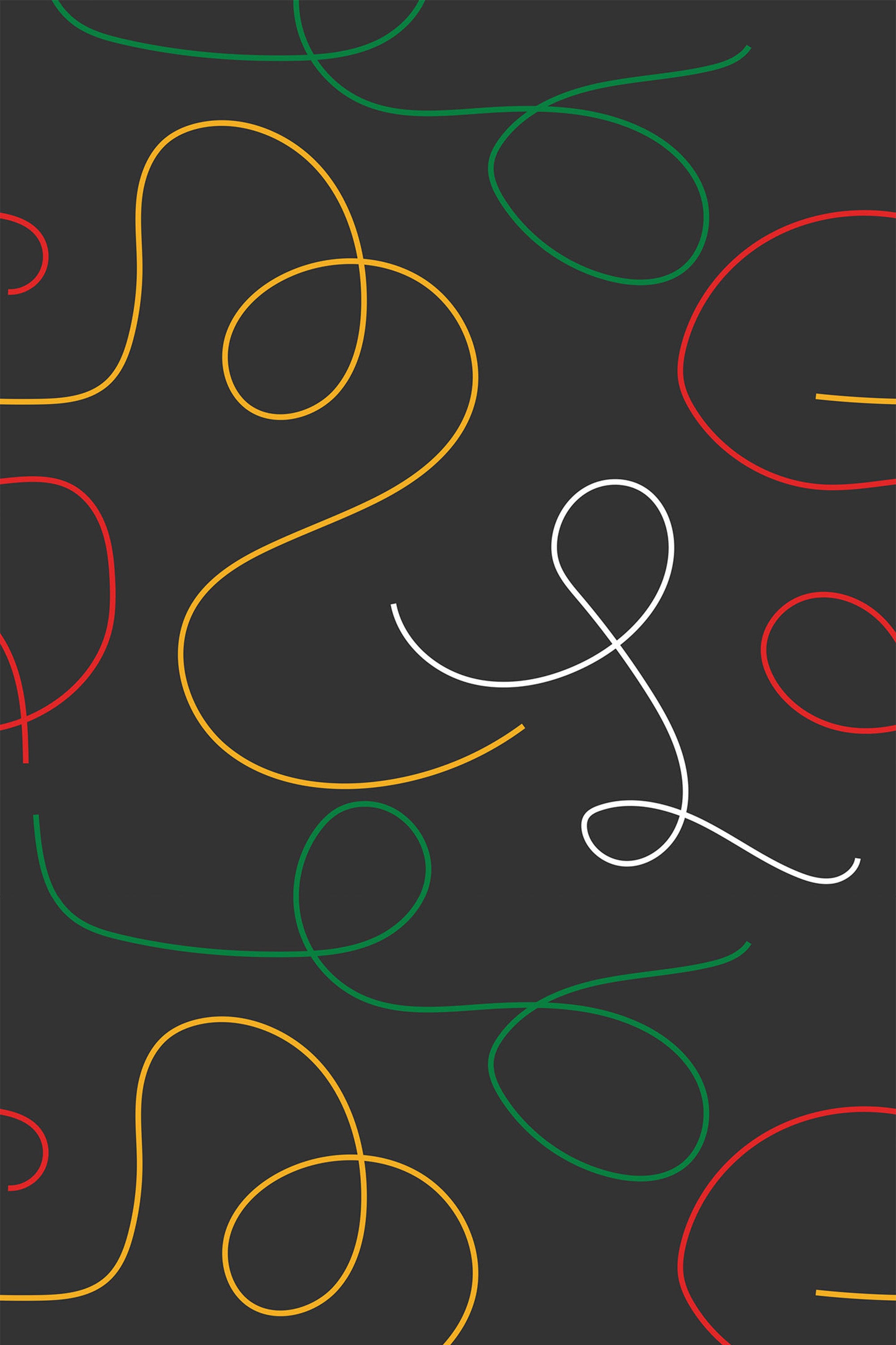 Curved, looping lines in red, yellow, green, and white against a black background with a minimalist and abstract motif. Peel and stick removable wallpaper.