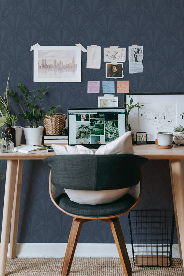 modern home office desk plants posters computer dark blue art deco stick on wallpaper