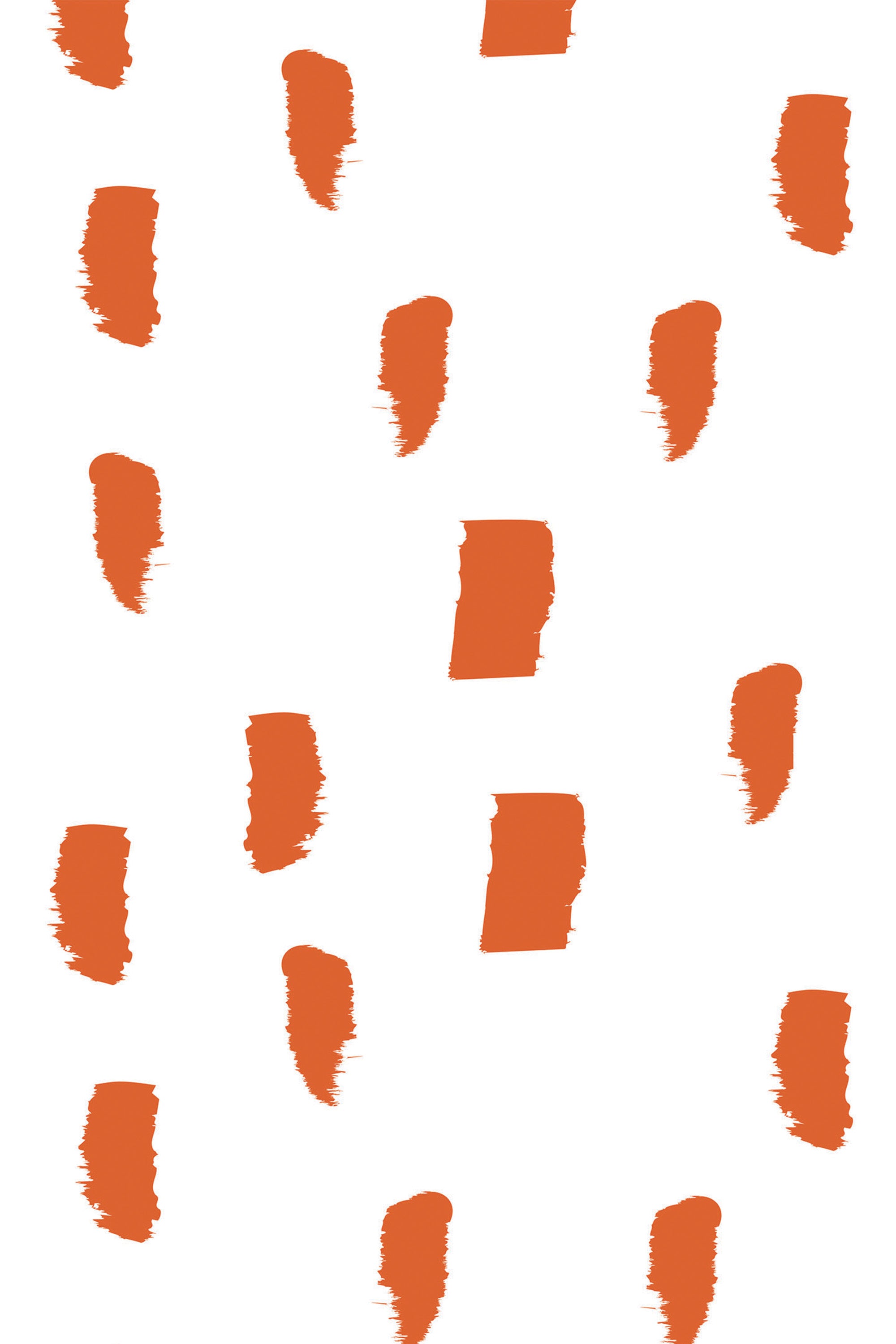 Abstract pattern of irregular, vertical brushstroke-like dots in a warm orange hue, scattered across a white background. Peel and stick removable wallpaper.