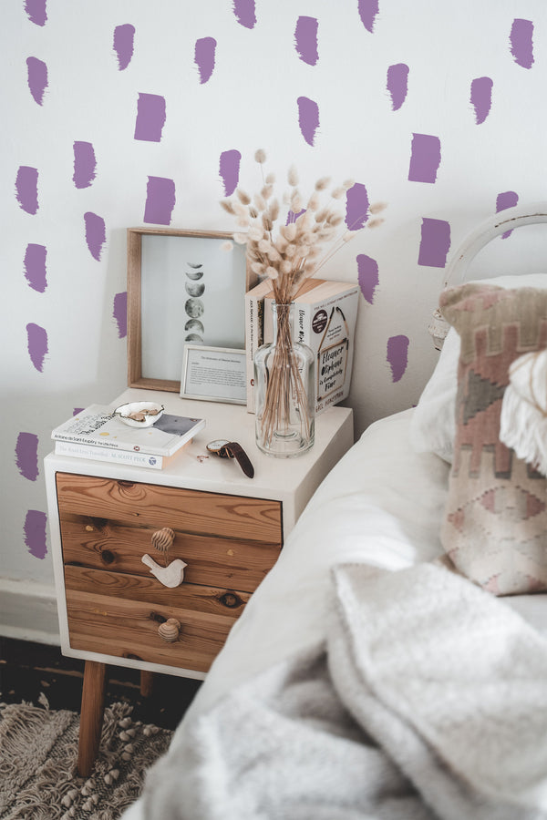 chic bedroom interior nightstand picture frame decor hand painted dots traditional wallpaper