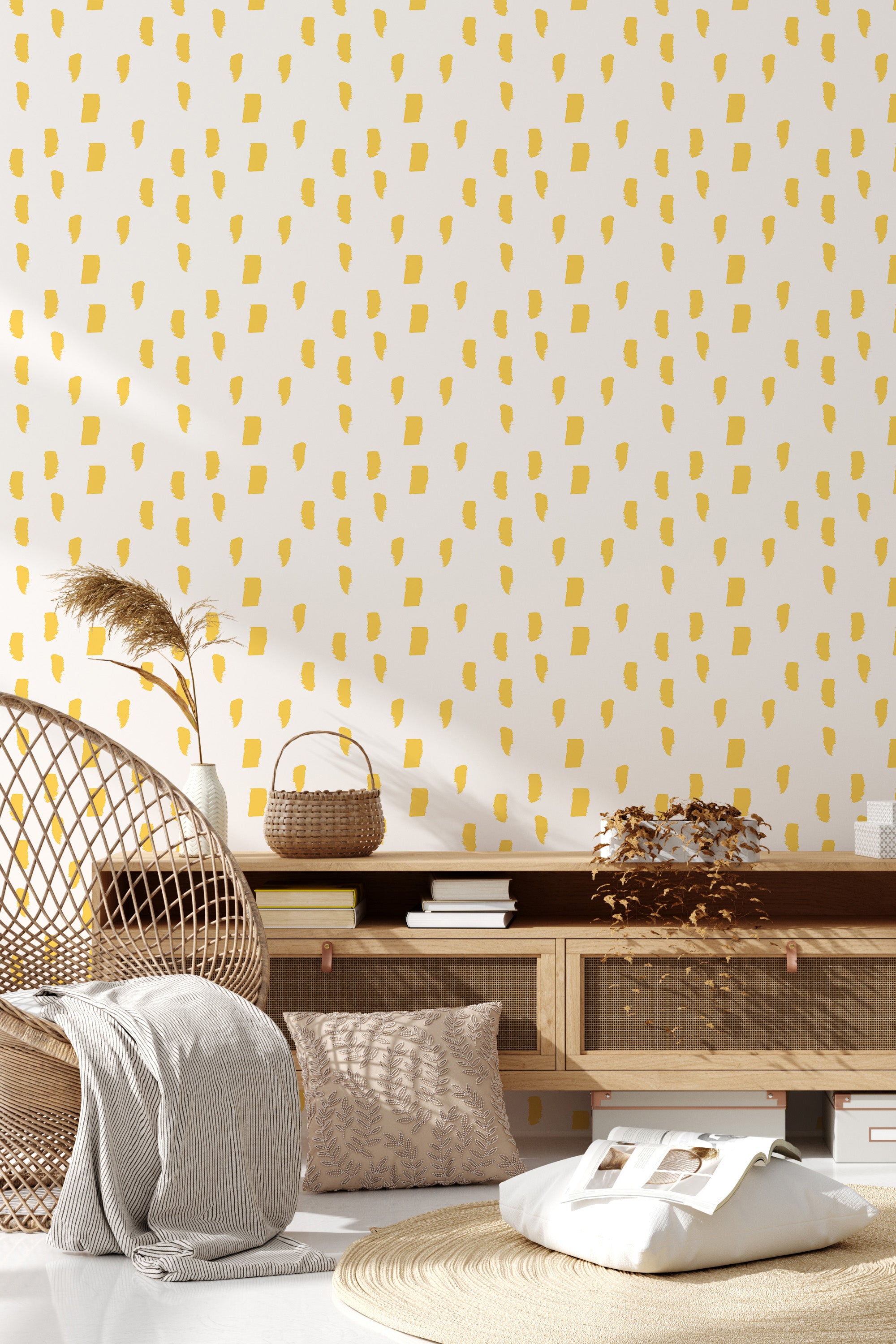 The wallpaper has a white background adorned with scattered brushstroke-like yellow dots in a random pattern, giving the wall a lively yet subtle texture. Traditional wallpaper.