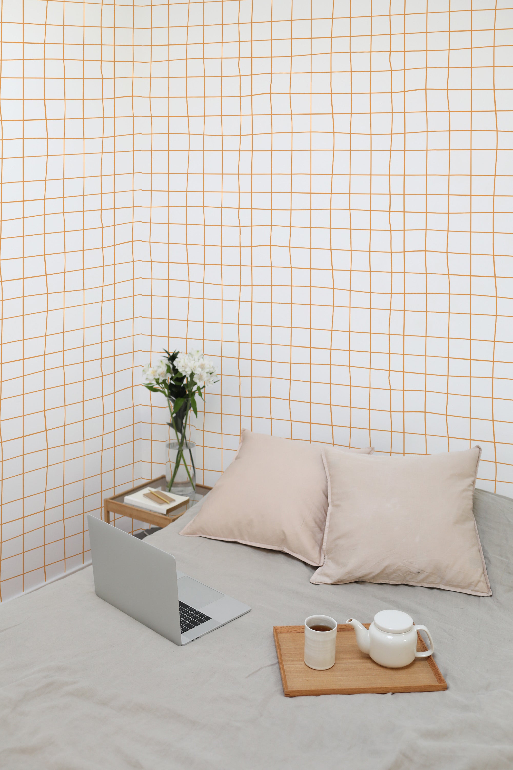 Self-adhesive wallpaper with an uneven line grid design, featuring imperfectly aligned vertical and horizontal lines in a clean, minimalist layout.