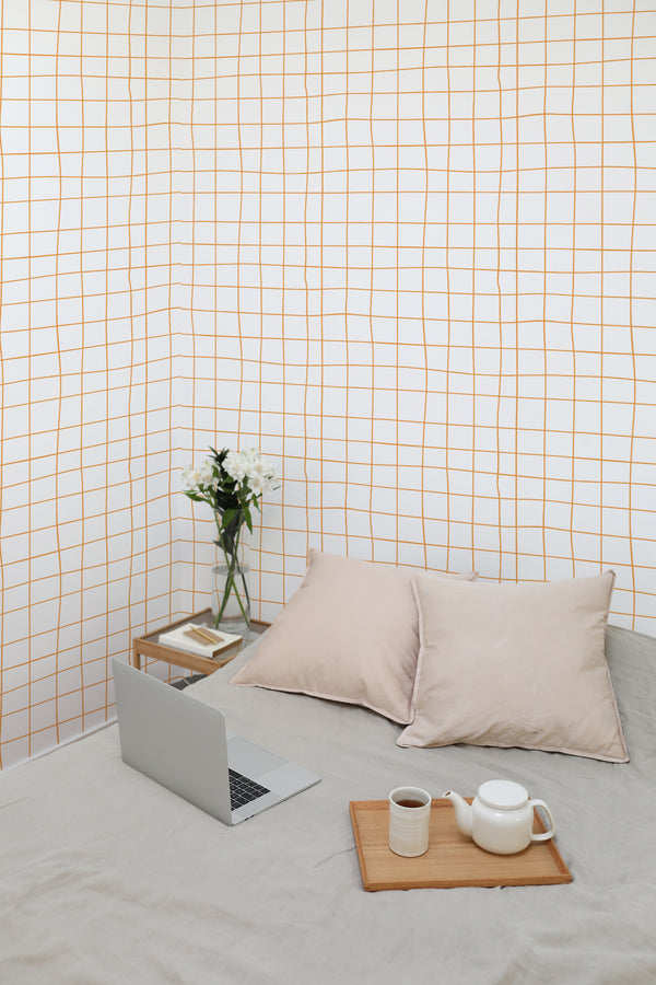 temporary wallpaper uneven line grid pattern cozy romantic bedroom interior