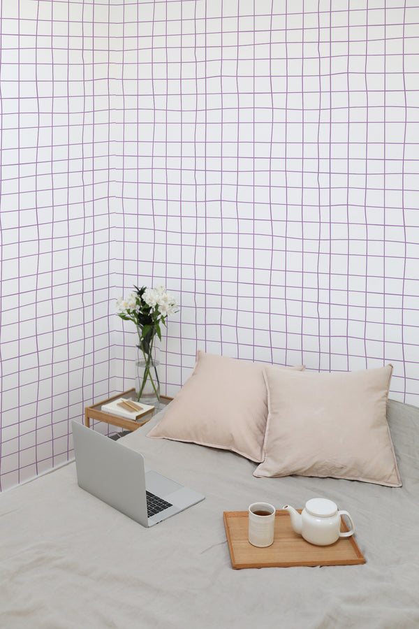 temporary wallpaper grid print pattern cozy romantic bedroom interior