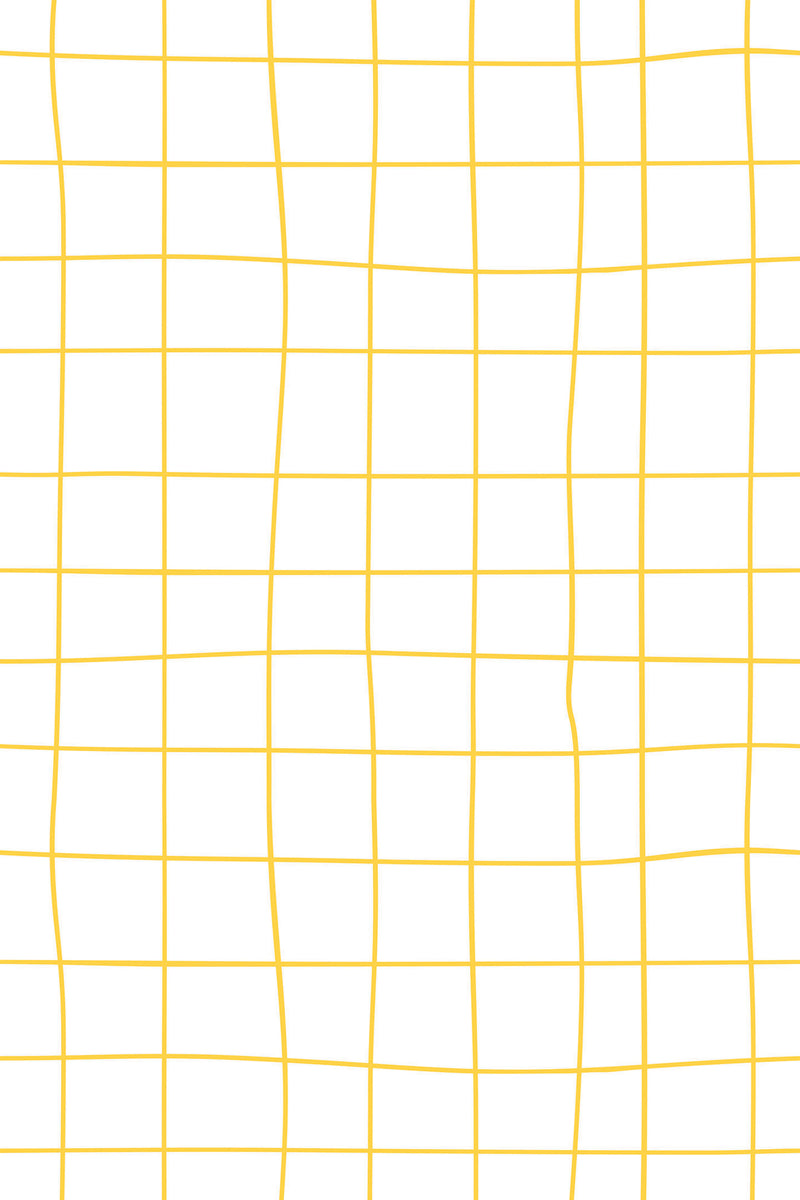 A minimalist wallpaper design with a hand-drawn grid pattern of irregular yellow lines on a white background, peel and stick removable wallpaper.