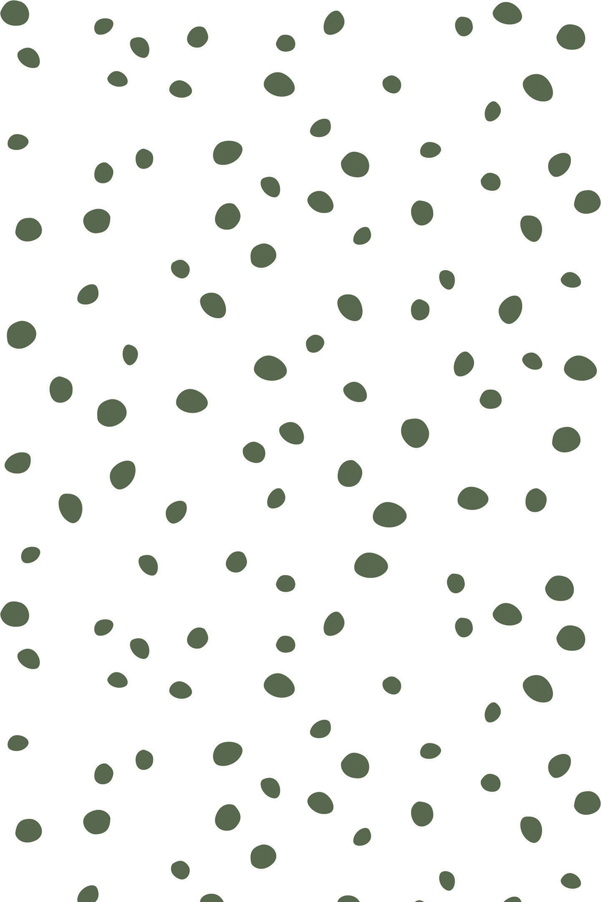 An abstract pattern of scattered green dots of varying sizes on a white background, reminiscent of a Dalmatian's coat. Peel and stick removable wallpaper.