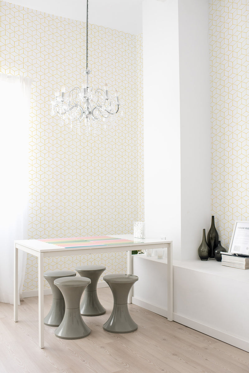 Geometric pattern wallpaper with interconnected hexagons in light yellow on a white background, enhancing the modern aesthetic of the room. Traditional wallpaper.