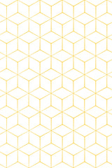 Hexagonal geometric pattern with interlocking gold lines on a white background, creating a 3D cube effect, peel and stick removable wallpaper.