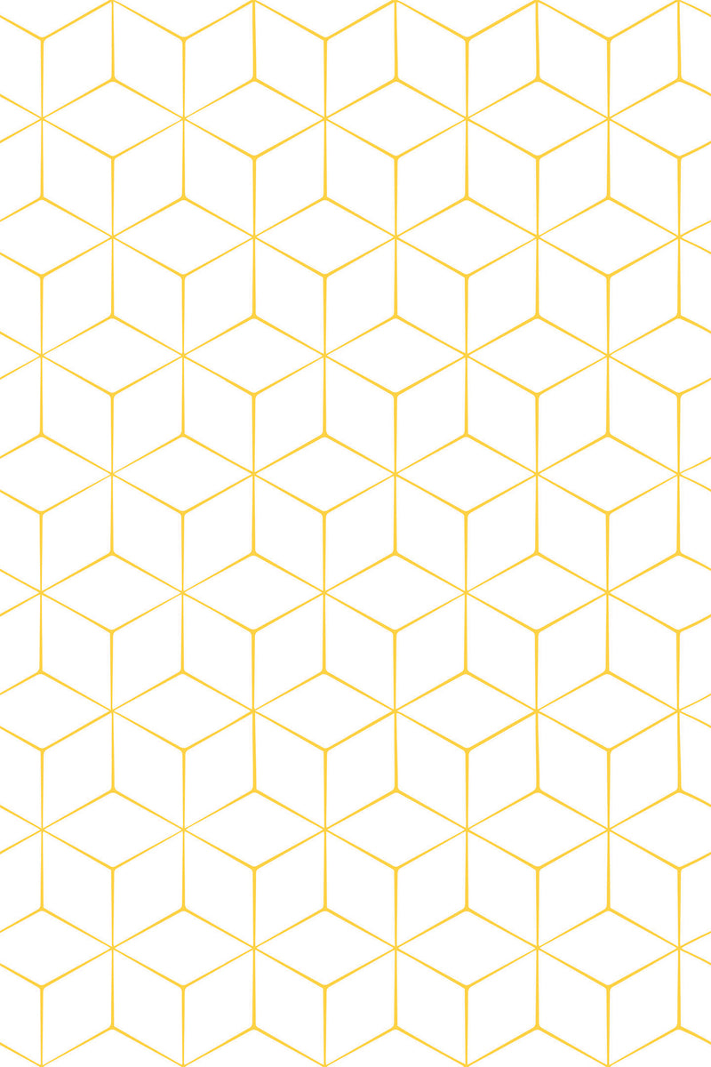 Hexagonal geometric pattern with interlocking gold lines on a white background, creating a 3D cube effect, peel and stick removable wallpaper.