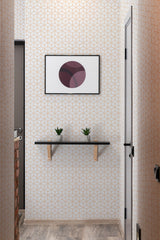 The wallpaper has a geometric line grid pattern with gold lines forming hexagonal shapes on a white background, creating a modern yet traditional wallpaper.
