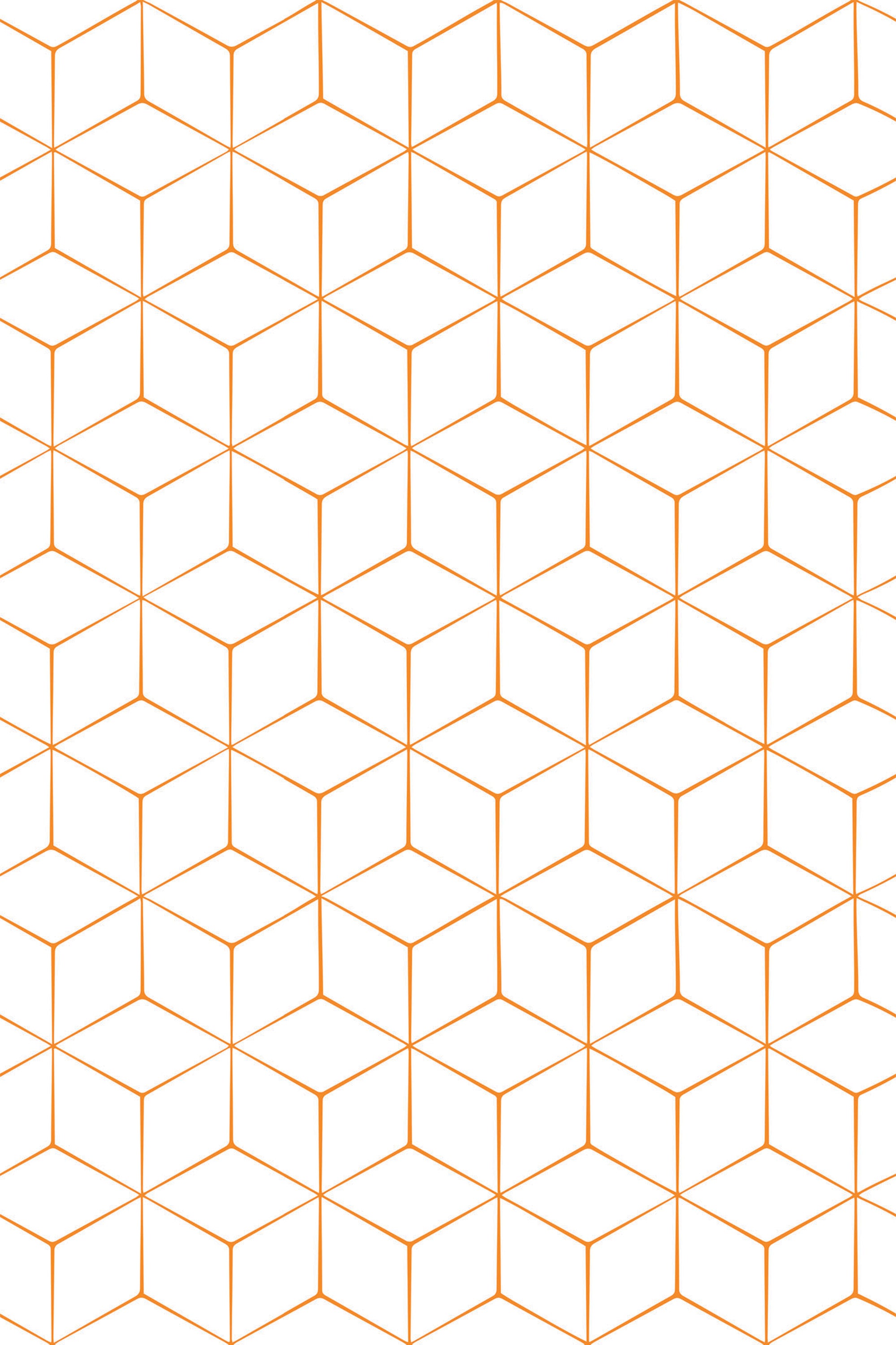Orange geometric line grid creating interconnected hexagons on a white background, peel and stick removable wallpaper.