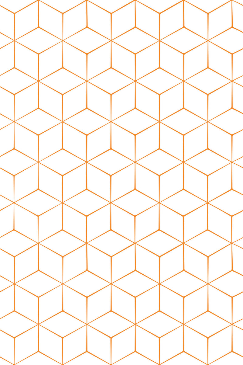 Orange geometric line grid creating interconnected hexagons on a white background, peel and stick removable wallpaper.