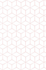 Geometric pattern with interconnected hexagons in soft pink lines on a white background. Peel and stick removable wallpaper.