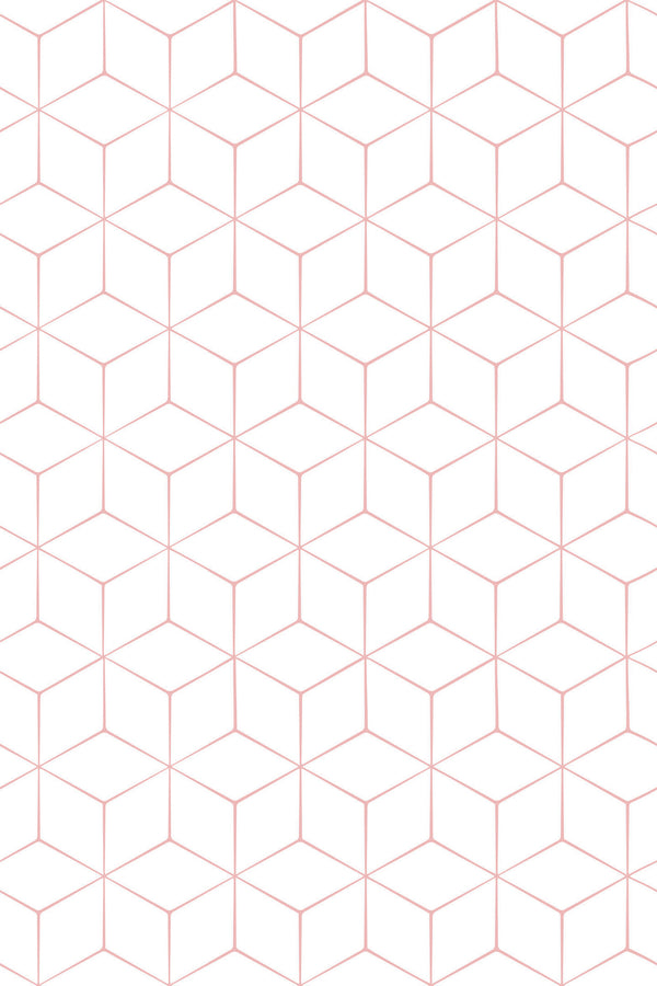 Geometric pattern with interconnected hexagons in soft pink lines on a white background. Peel and stick removable wallpaper.