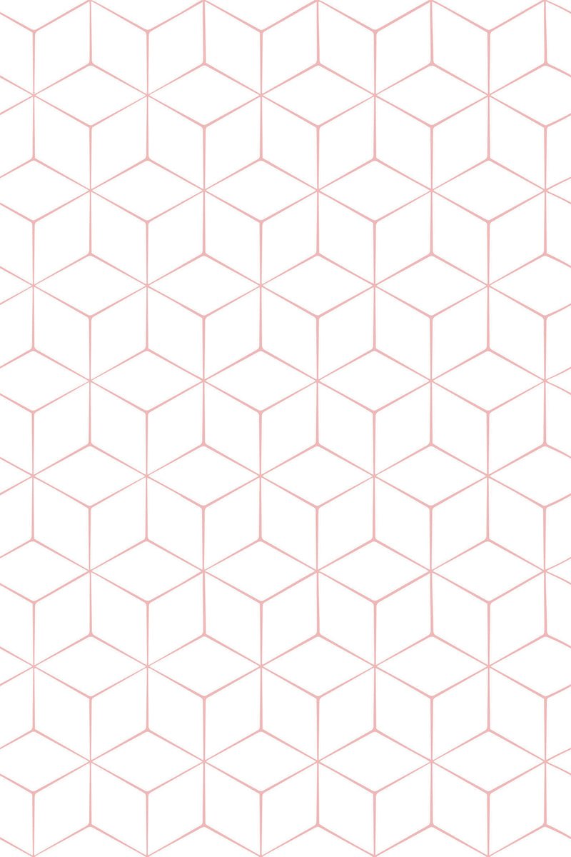 Geometric pattern with interconnected hexagons in soft pink lines on a white background. Peel and stick removable wallpaper.