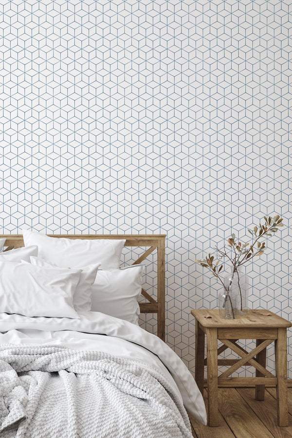 simple bedroom bed nightstand decorative vase minimal geometric tile wall decor
