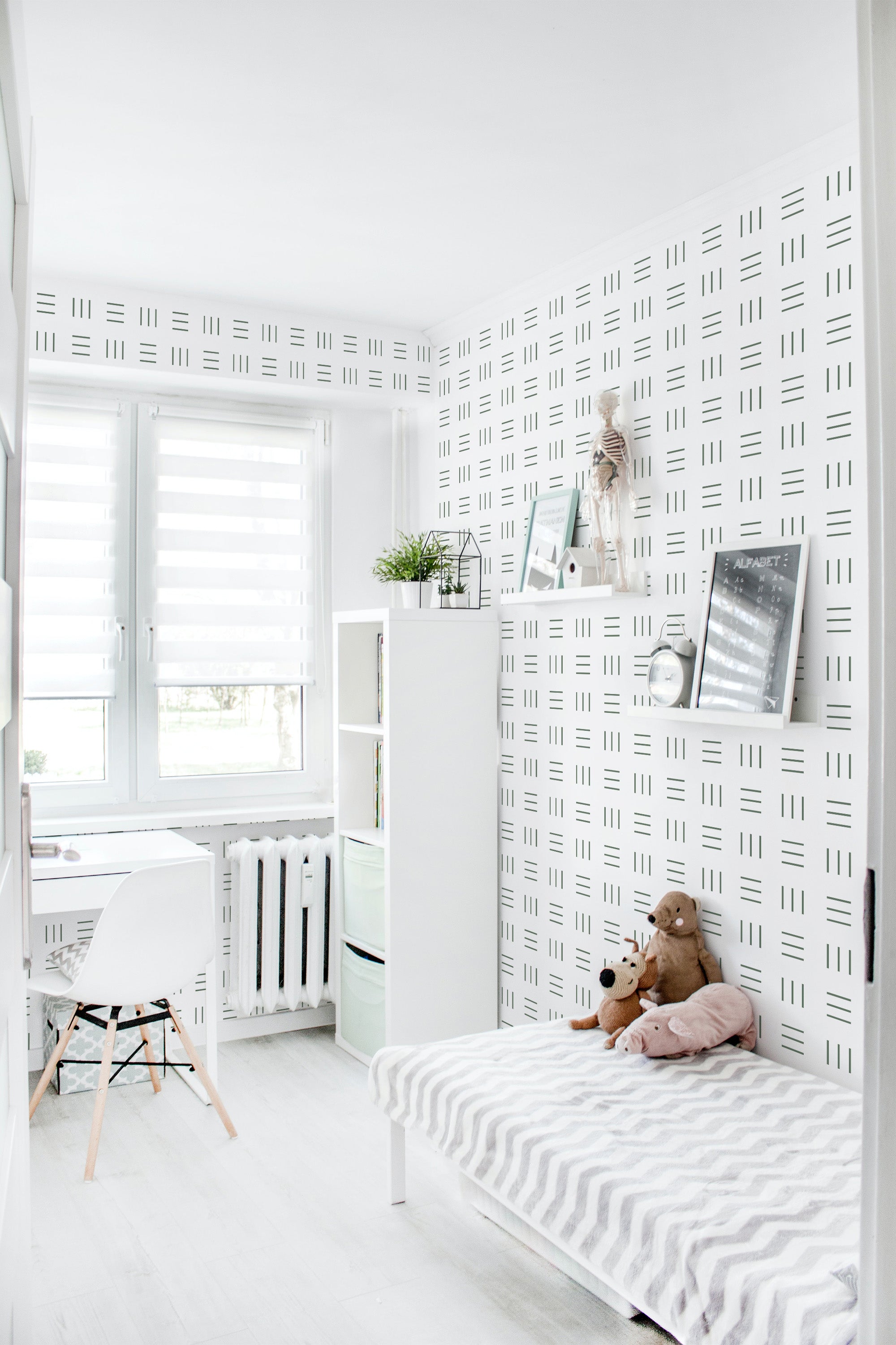A minimal geometric lines wallpaper design with simple, repeating patterns of parallel horizontal and vertical lines creating an orderly, modern look, traditional wallpaper.