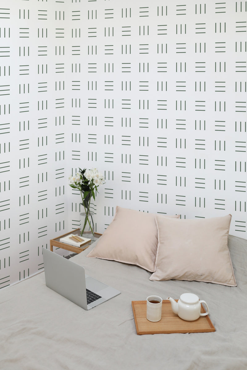 temporary wallpaper minimal geometric lines pattern cozy romantic bedroom interior