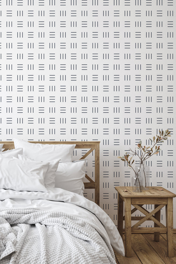 simple bedroom bed nightstand decorative vase geometric stroke wall decor