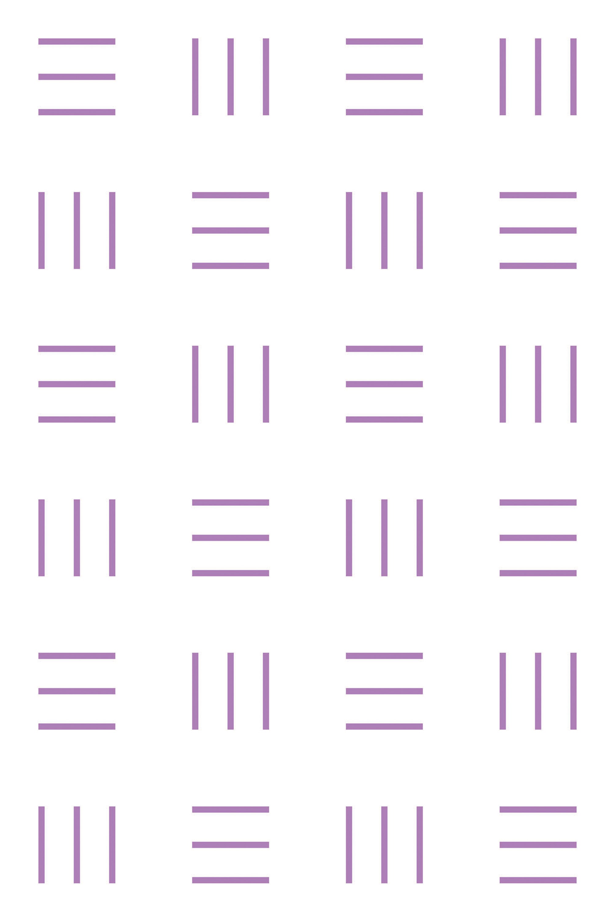 Aesthetic geometric wallpaper design with a repeating pattern of simple purple vertical and horizontal lines arranged in a grid layout on a white background. Peel and stick removable wallpaper.