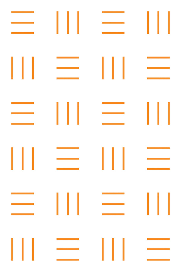 Orange vertical and horizontal lines in varying patterns arranged in a grid on a white background, creating a symmetrical geometric design. Peel and stick removable wallpaper.