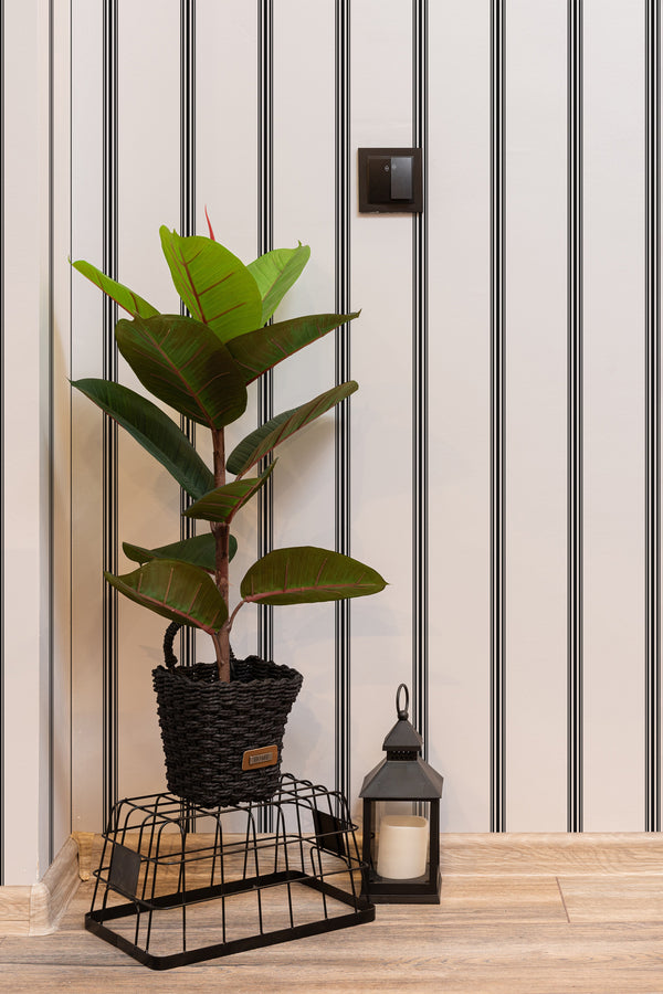hallway interior green plant black lantern striped design temporary wallpaper