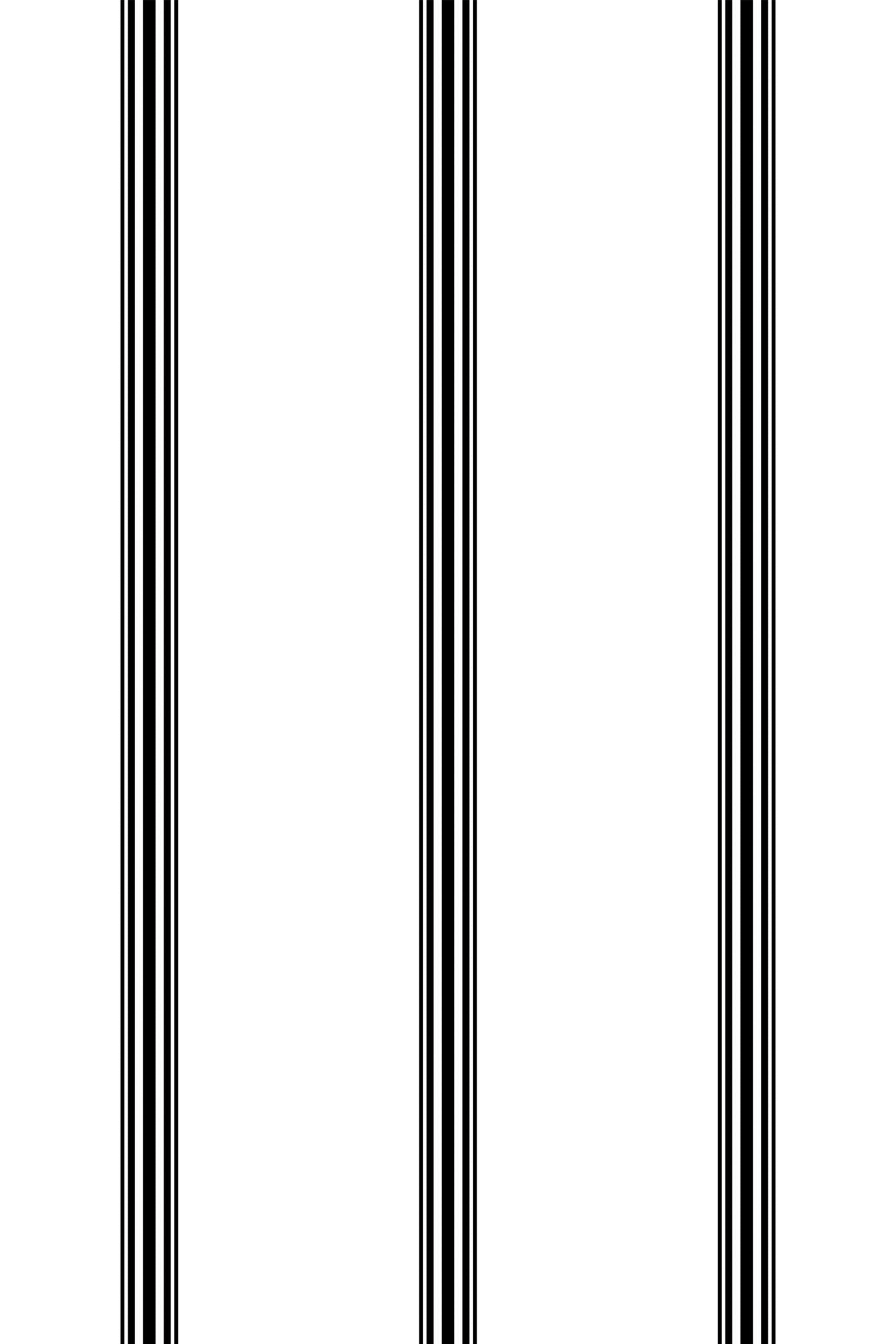 Thin vertical black stripes on a white background arranged in a repeating pattern with wider gaps between groups of stripes, creating a minimalist and modern look. Peel and stick removable wallpaper.