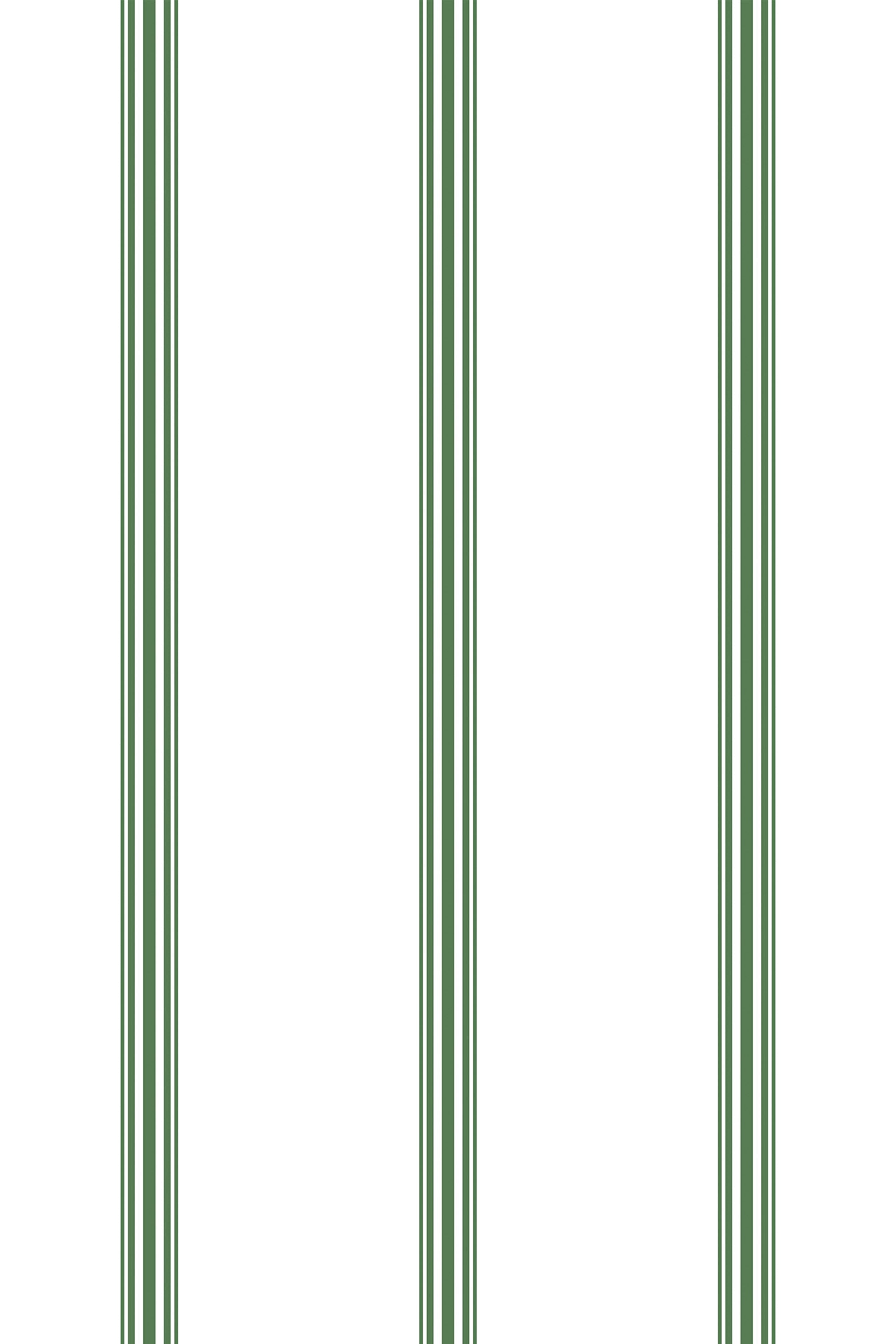 Green stripes alternate in varying thicknesses with thin brown borders, separated by a wide white background. The pattern has a classic, understated elegance typical of French-inspired design. Peel and stick removable wallpaper.