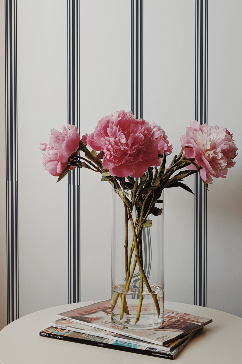 peonies magazines coffee table modern interior aesthetic striped print wall paper peel and stick