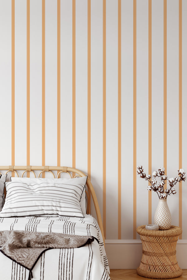 cozy bedroom interior rattan furniture decor orange striped accent wall