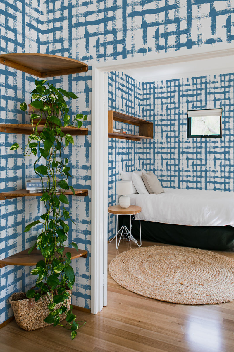 bedroom cozy interior green plants round carpet grid peel & stick wallpaper