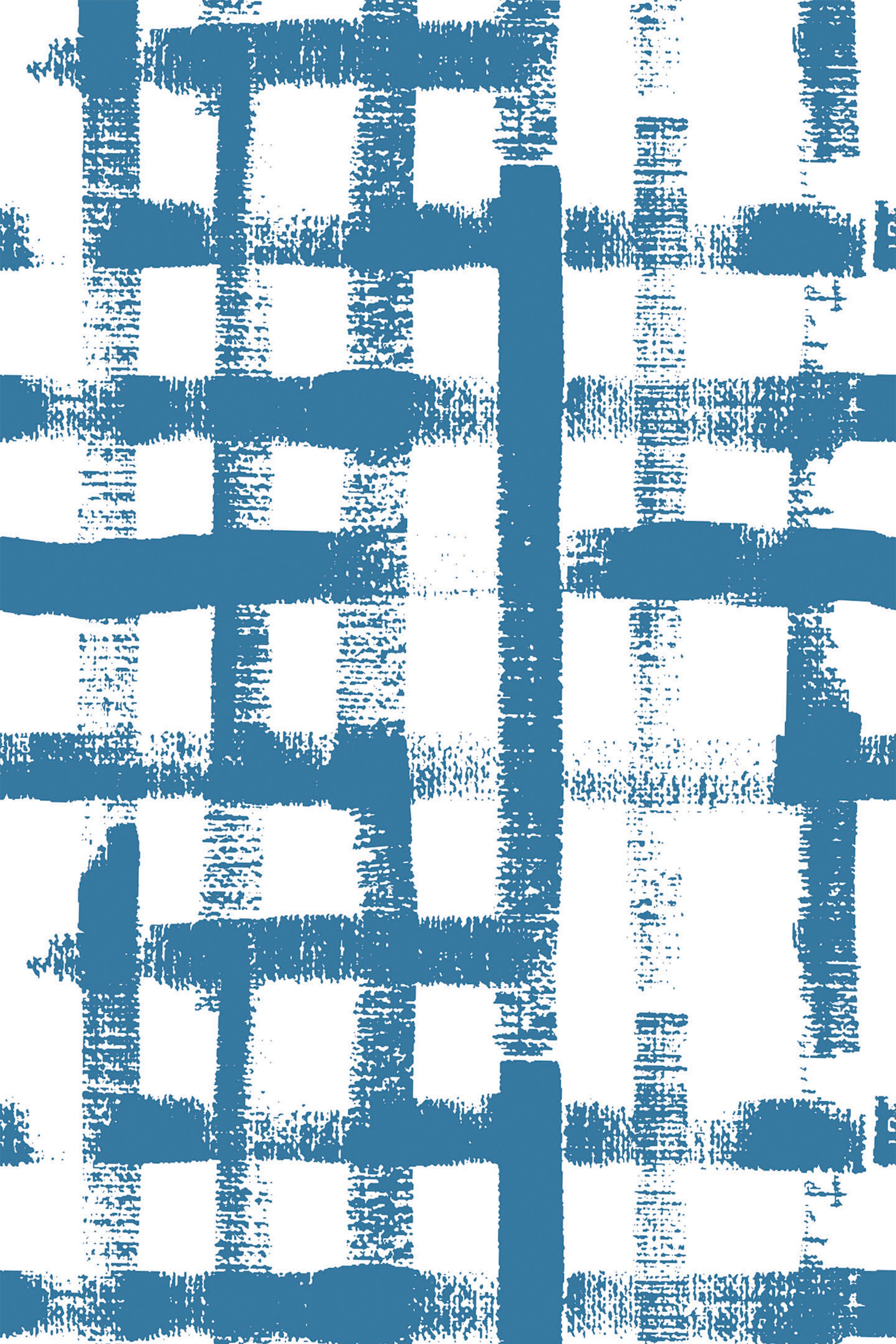 Blue and white grid pattern with brushstroke effects on a peel and stick removable wallpaper.