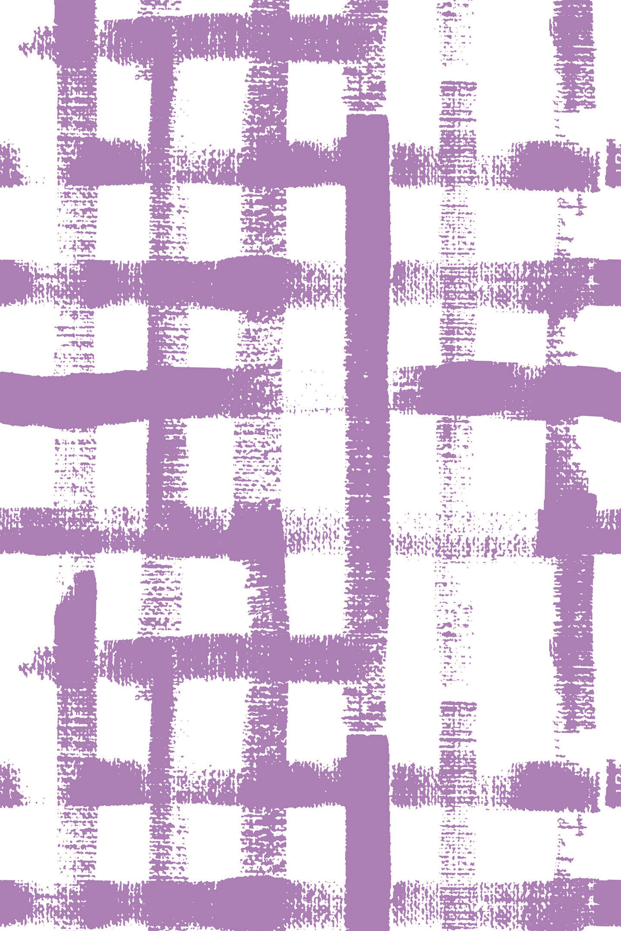 Purple abstract brush strokes crisscross over a white background forming a grid-like pattern with varied stroke thickness and texture. Peel and stick removable wallpaper.