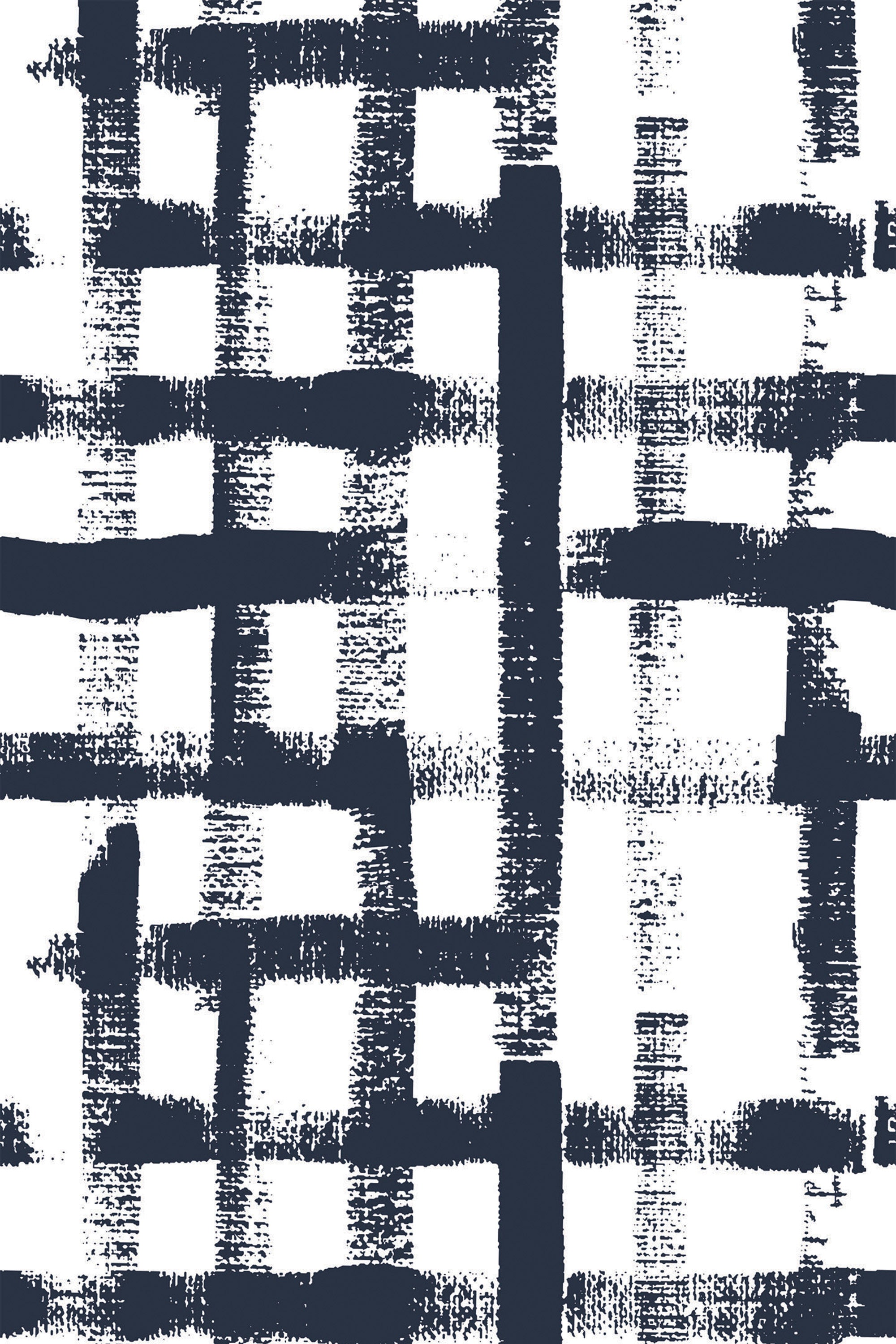 Abstract navy blue brush strokes form a grid-like pattern on a white background, creating a modern, artistic look with uneven lines and textured details. Peel and stick removable wallpaper.