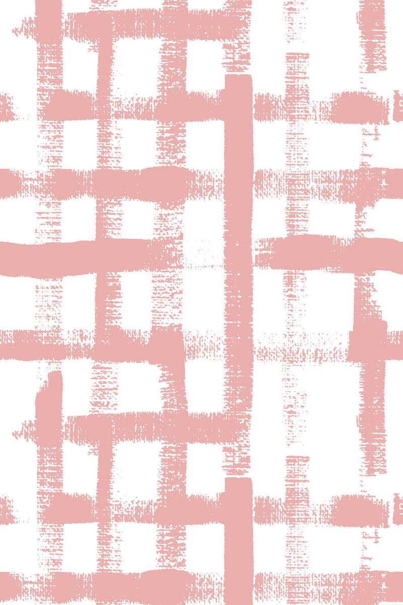 Abstract brush strokes in a loose grid pattern with soft pink lines on a white background. Peel and stick removable wallpaper.