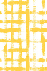 Yellow brushstroke grid pattern on a white background, peel and stick removable wallpaper.