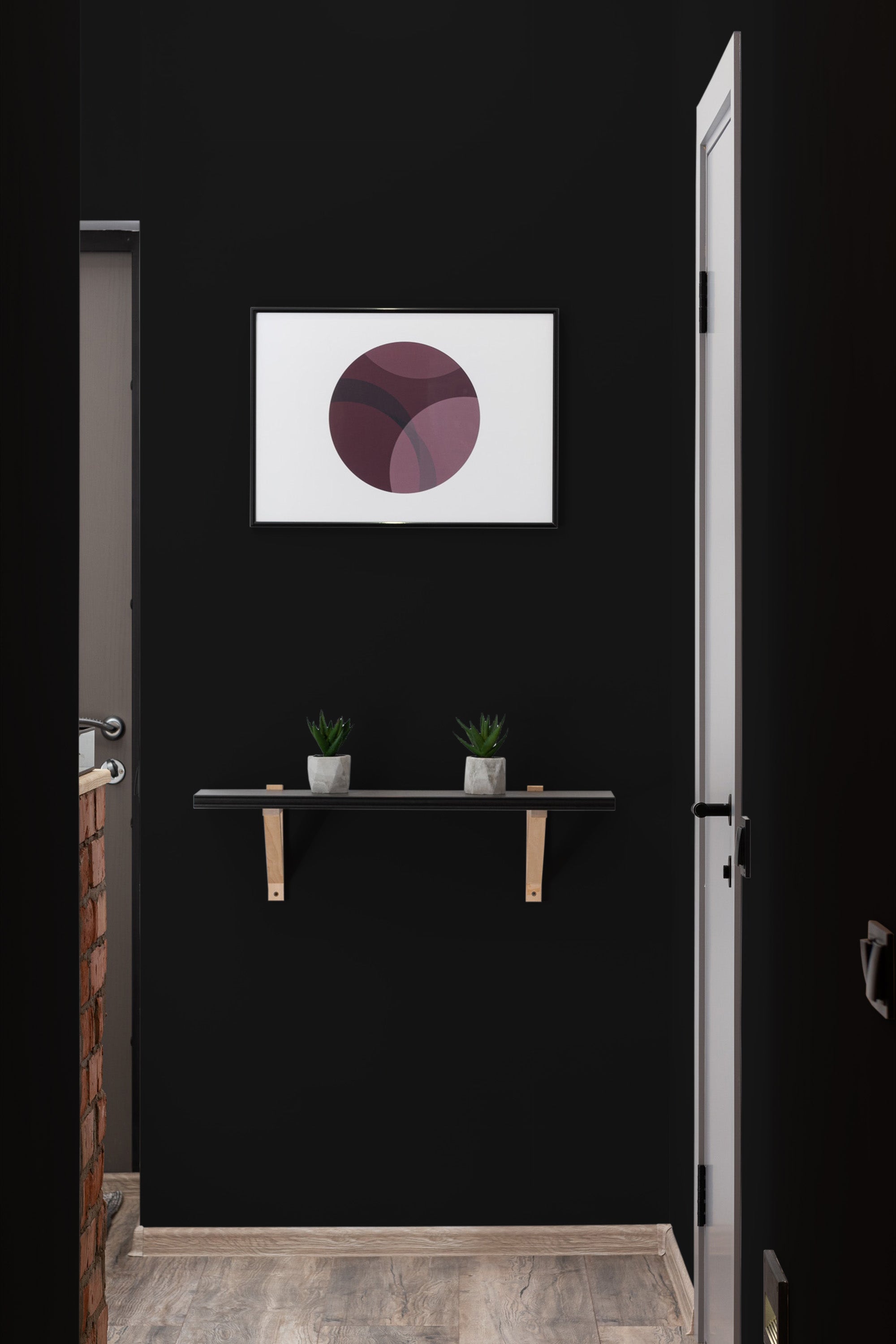 The room has wallpaper with a bold solid black design, giving the space a sleek, modern look and a smooth, even finish. Traditional wallpaper.