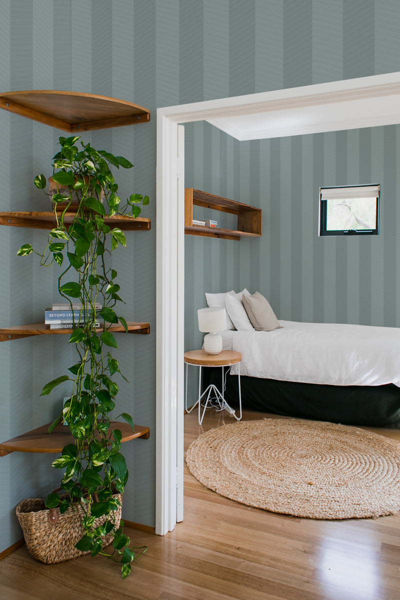 bedroom cozy interior green plants round carpet cheron peel & stick wallpaper