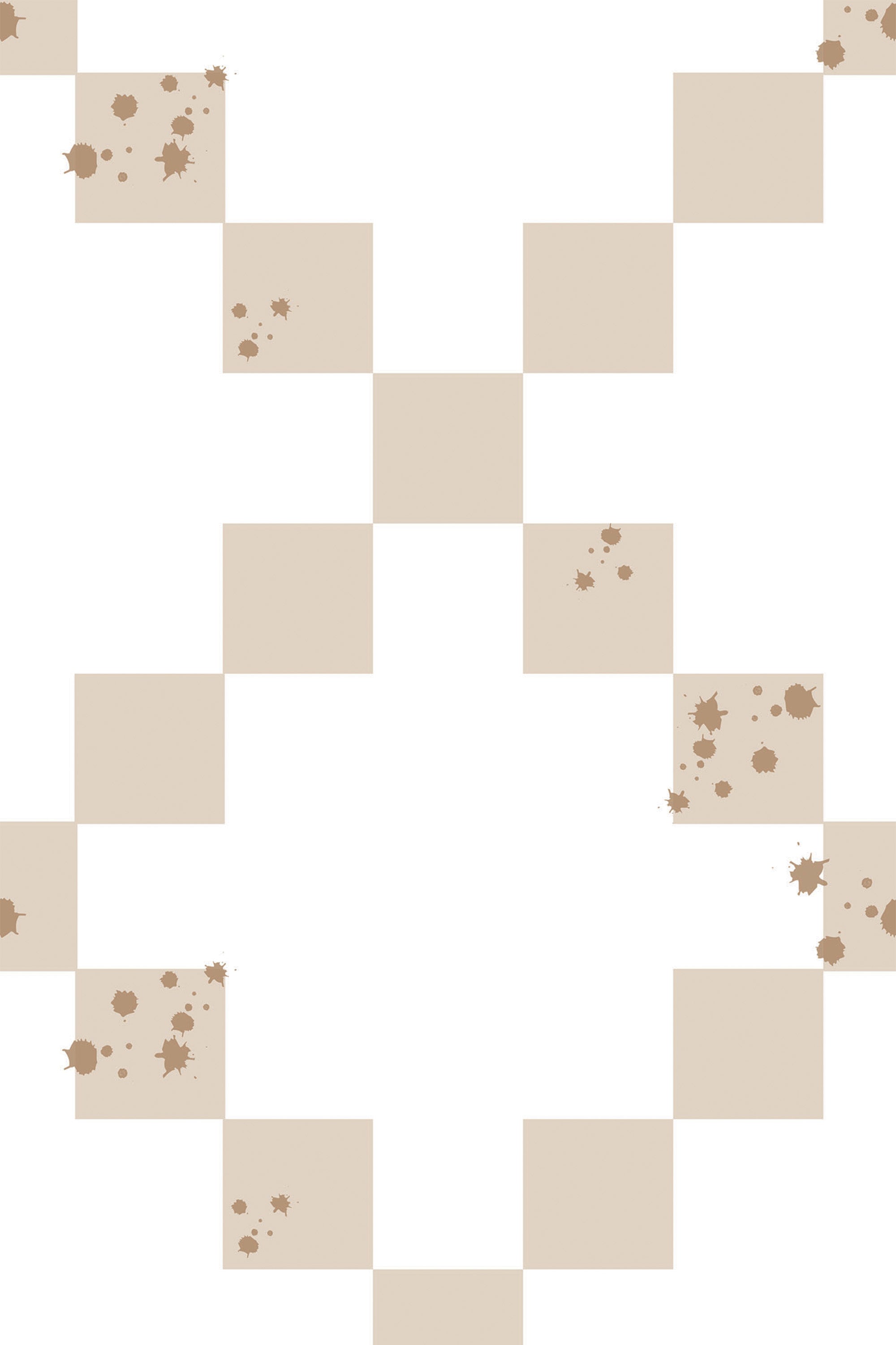 Beige square tiles arranged in an X pattern on a white background, with random brown paint splatters on some of the tiles. Peel and stick removable wallpaper.