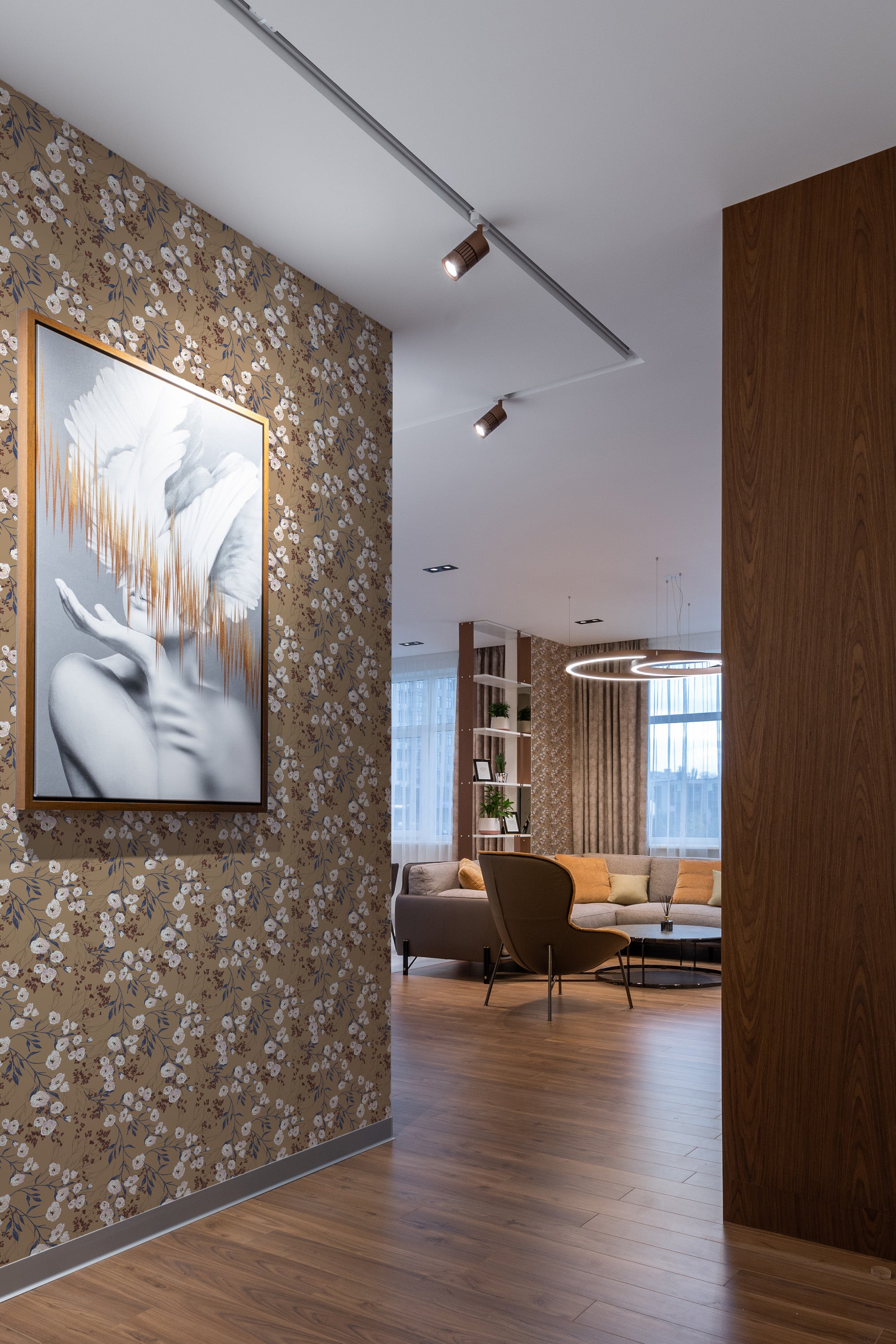 A room with a retro floral neutral wallpaper design showcasing small white and beige flowers on a light brown background, creating a nostalgic and warm atmosphere. Traditional wallpaper.