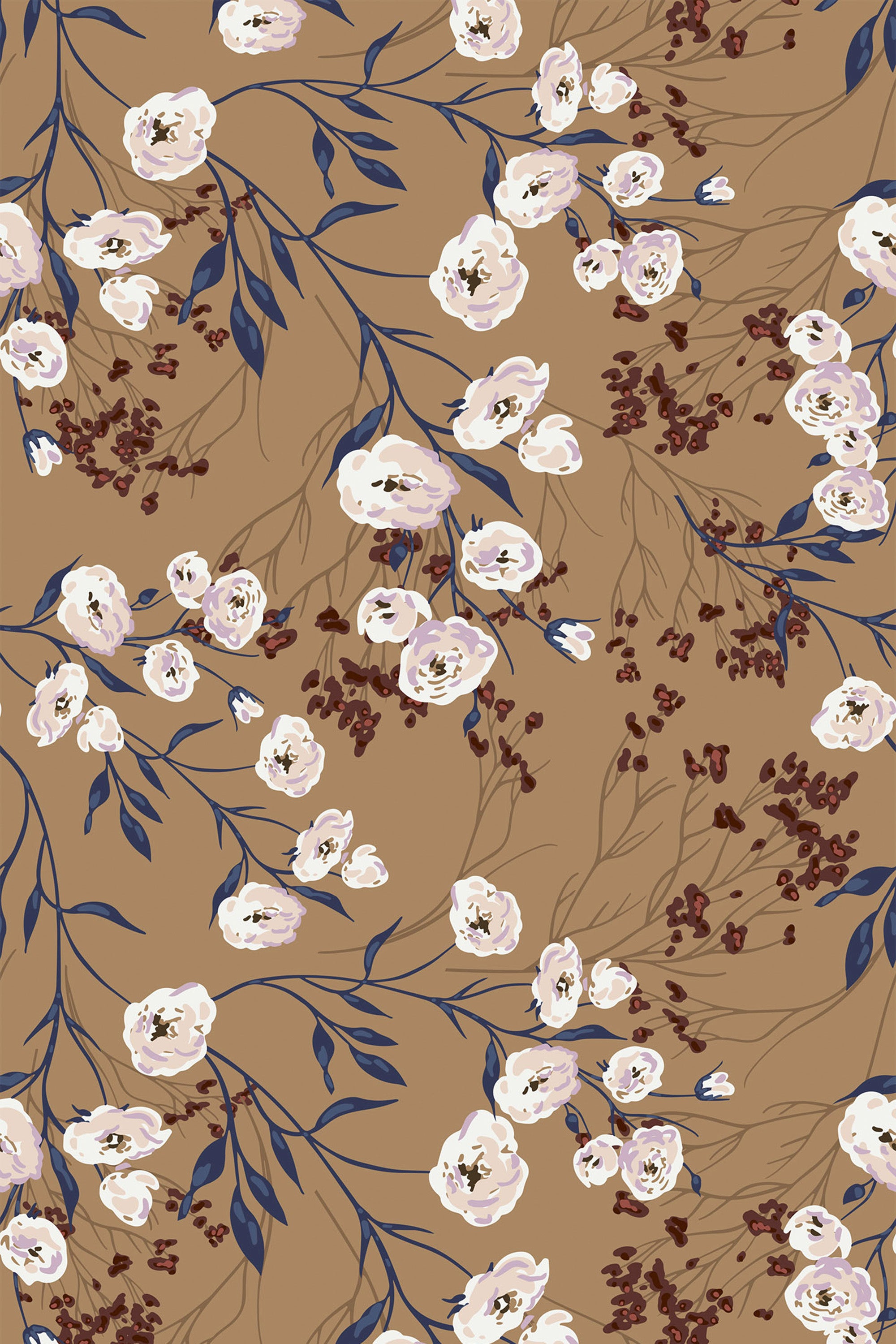 Retro floral neutral wallpaper with delicate white and blush flowers on brown background, accented by blue leaves and small burgundy buds. Peel and stick removable wallpaper.