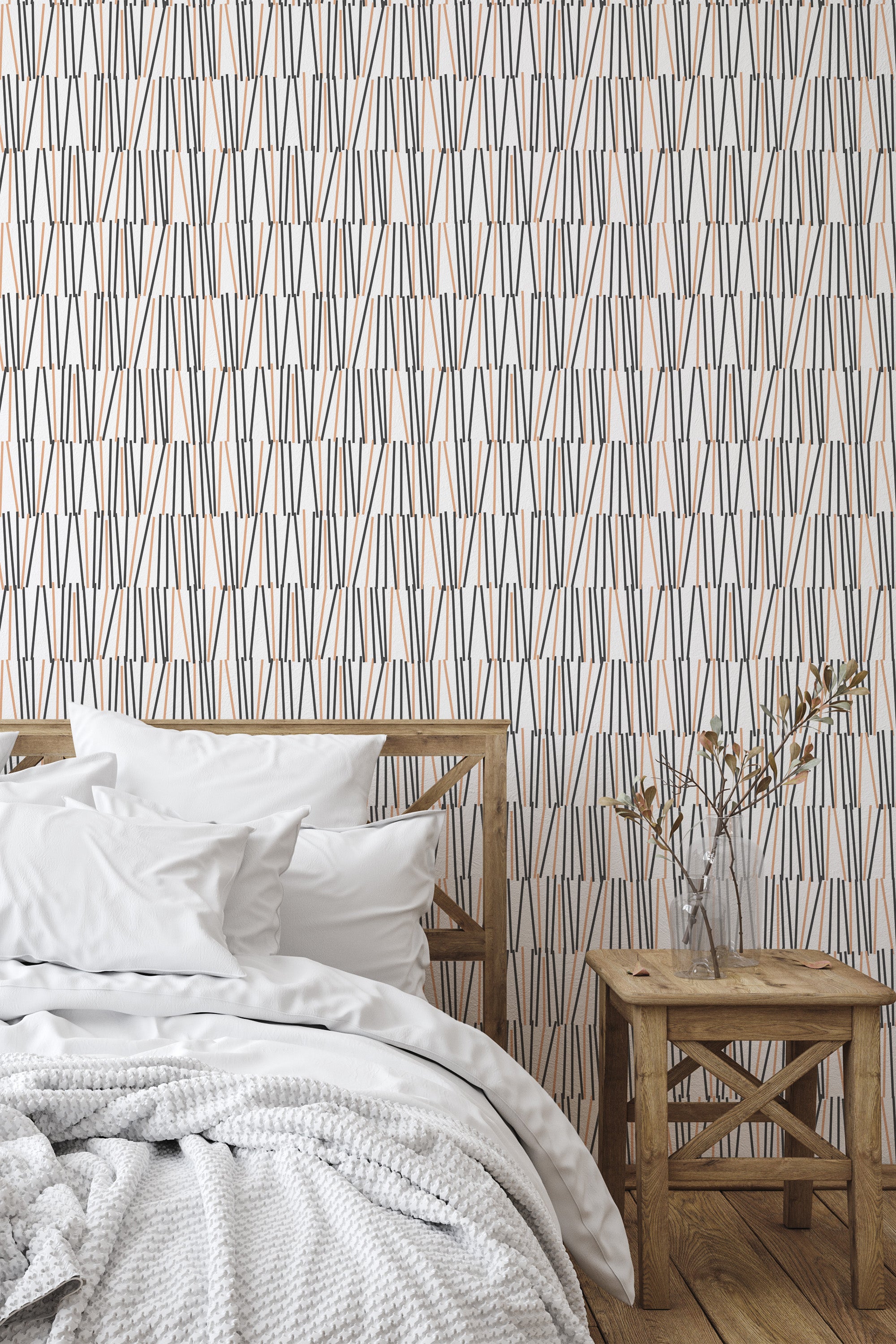 Self-adhesive wallpaper with a Line art design in a geometric pattern of black and light brown lines against a white background.