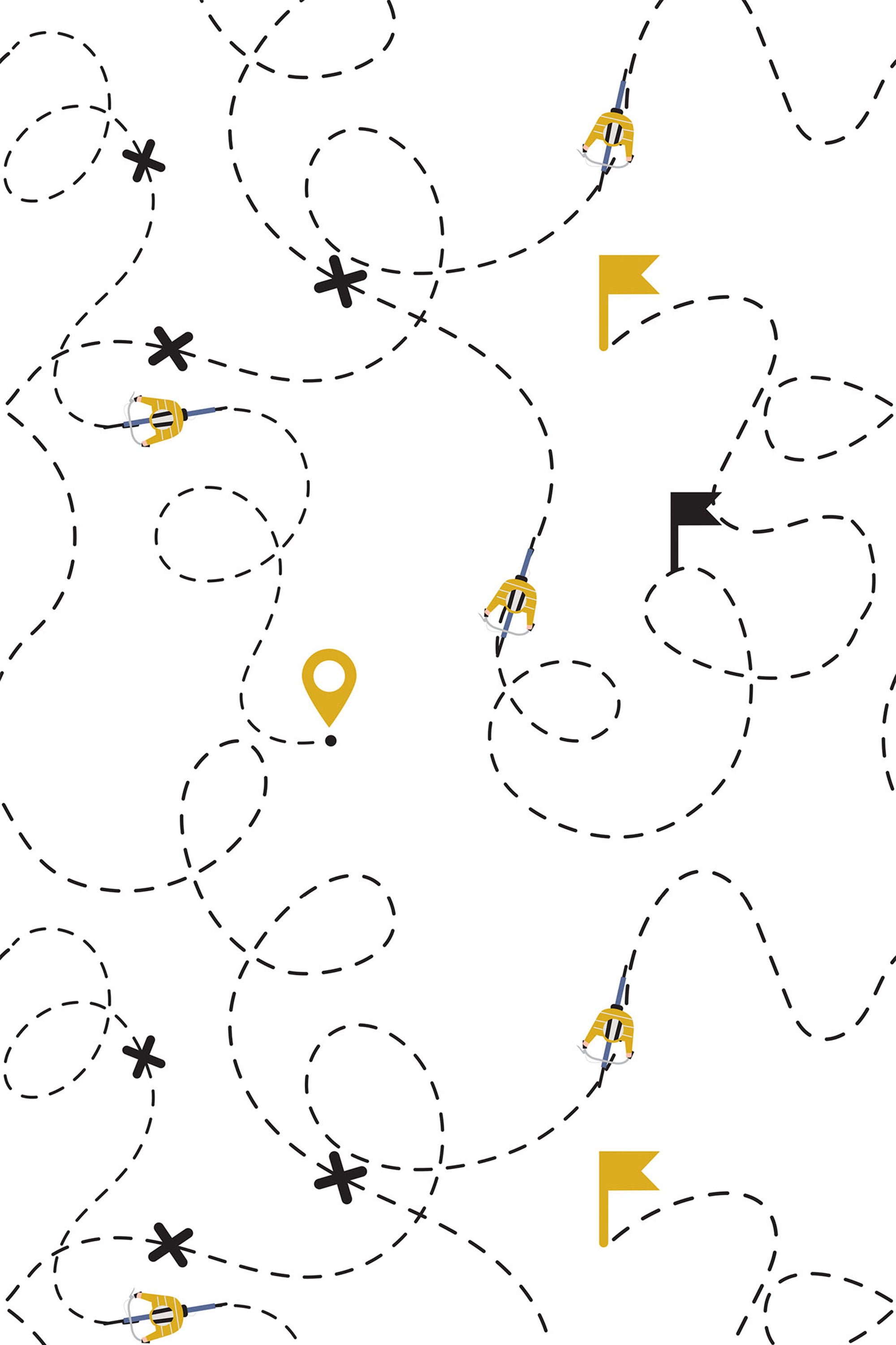Dotted lines with loops and twists, small yellow bicycles, yellow and black flags, location pins, and coordinates on a white background, peel and stick removable wallpaper.