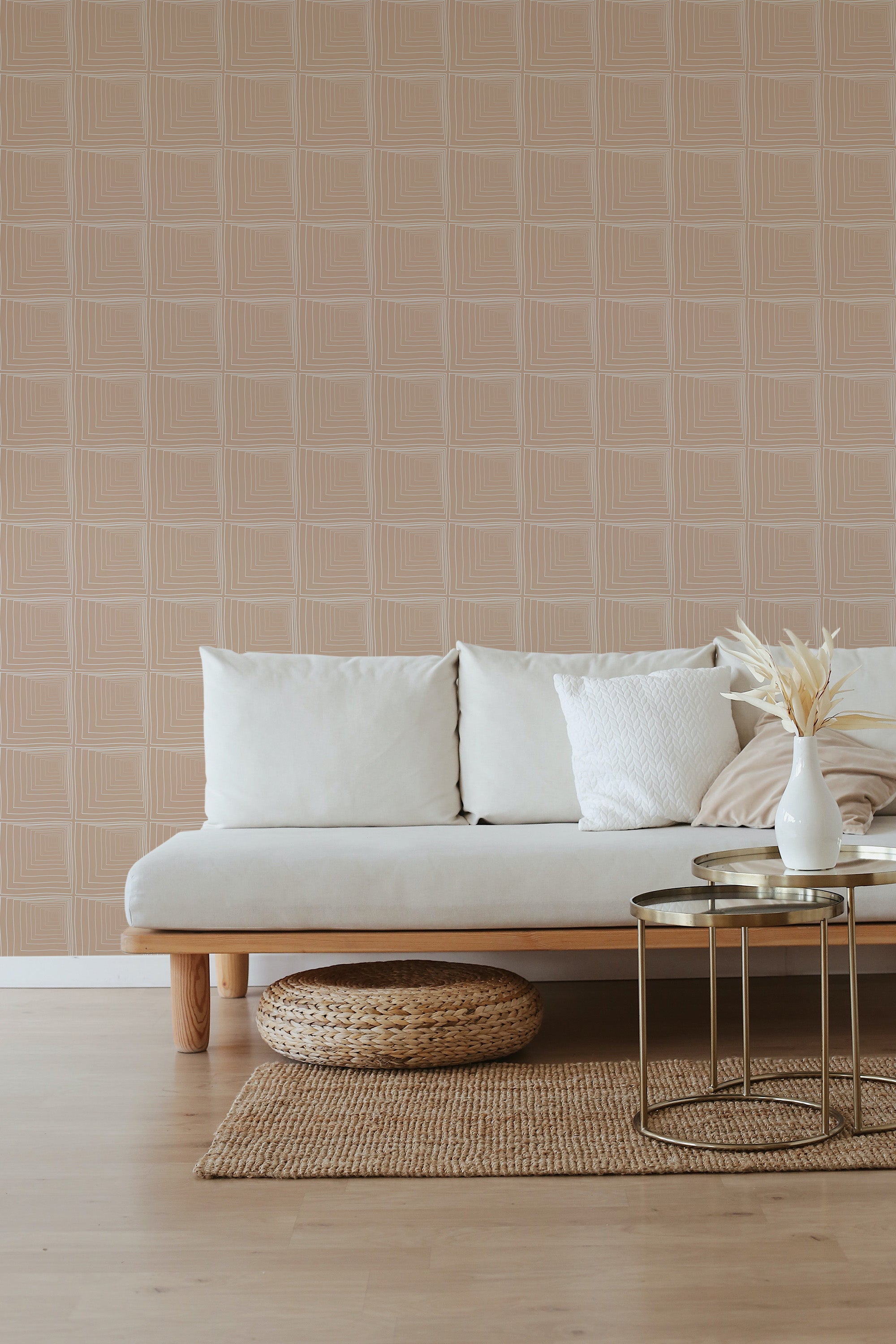 The wallpaper design has a subtle linear pattern with geometric square shapes in neutral tones, creating a clean and modern look, complementing the room's warm and inviting atmosphere, traditional wallpaper.